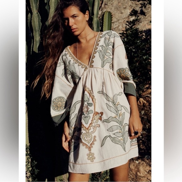 Zara Linen Blend Embroidered Dress Rare - Picture 10 of 13